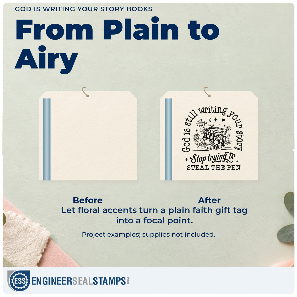 Before and after of a plain item finished with the God Is Writing Your Story Books Floral Accents Stamp - Premium Vintage Pro Wooden, a quick upgrade for book club gifts.