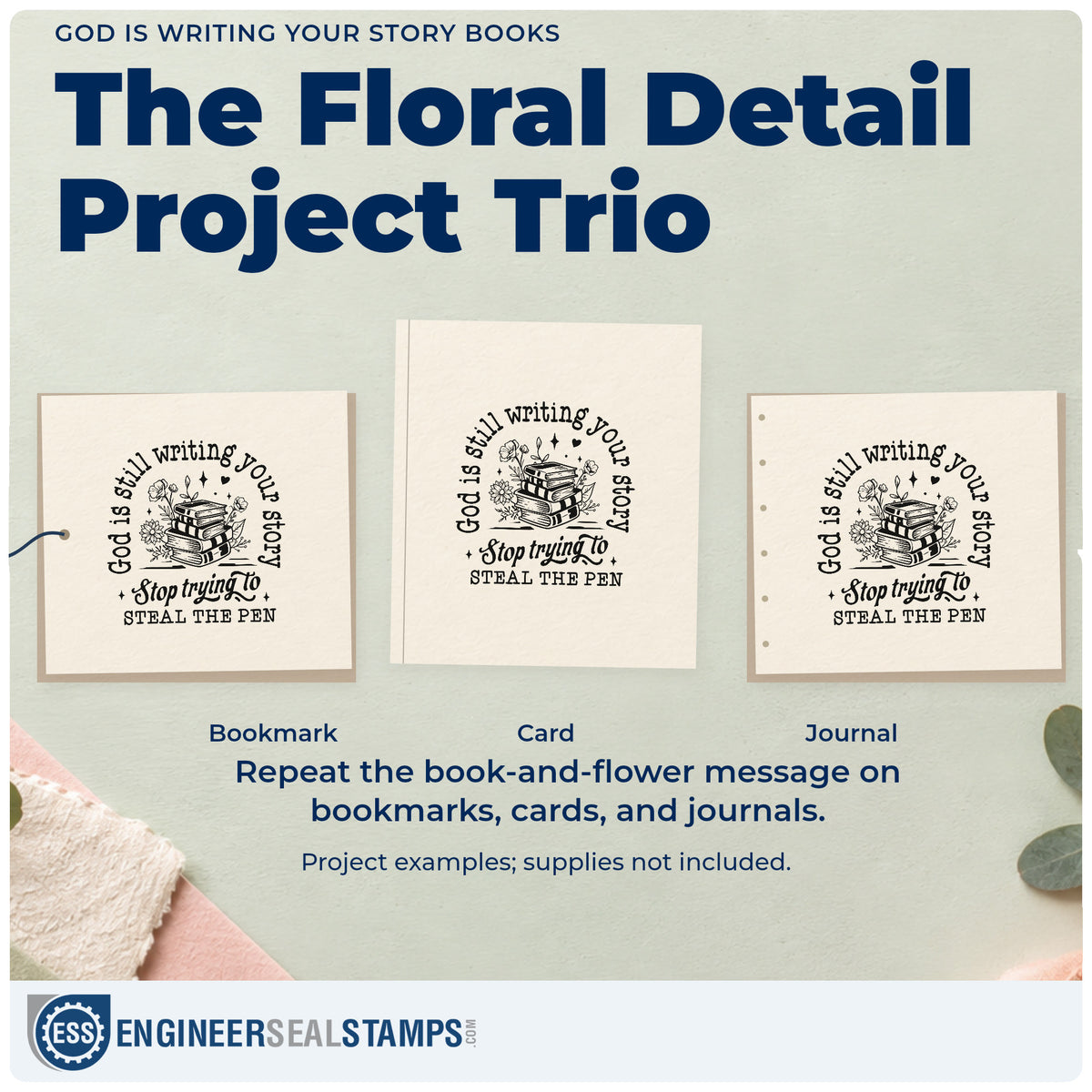 Three project examples made with the God Is Writing Your Story Books Floral Accents Stamp - Premium Vintage Pro Wooden, including life story pages.