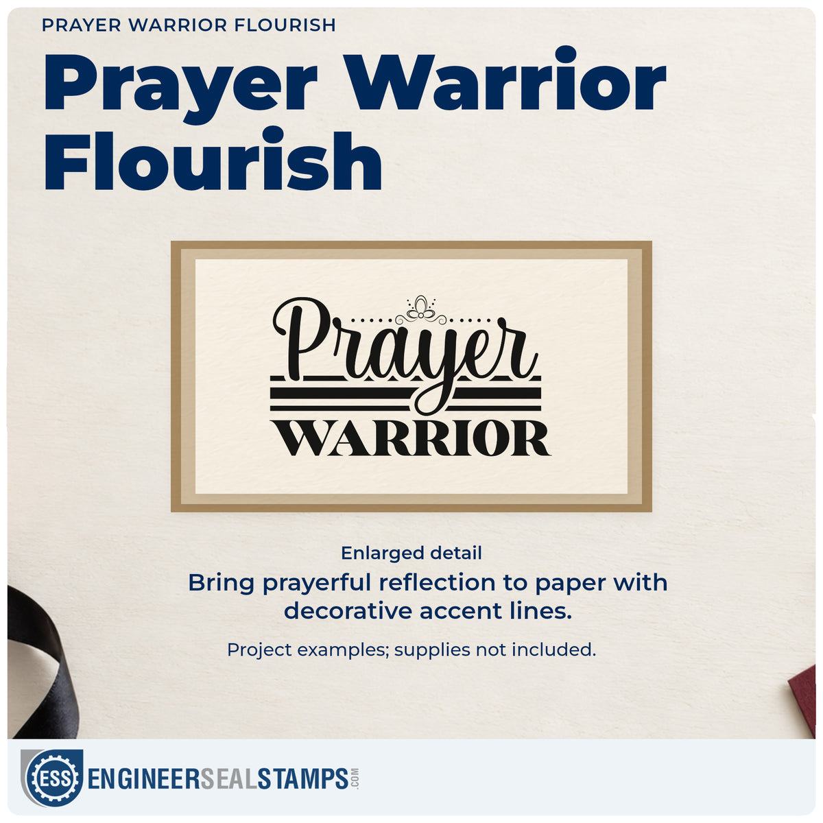 Enlarged detail of the Wood Handle Prayer Warrior Flourish Rubber Stamp imprint. Large "Prayer" script sits above bold "Warrior," separated by horizontal rules and topped with a small ornament.