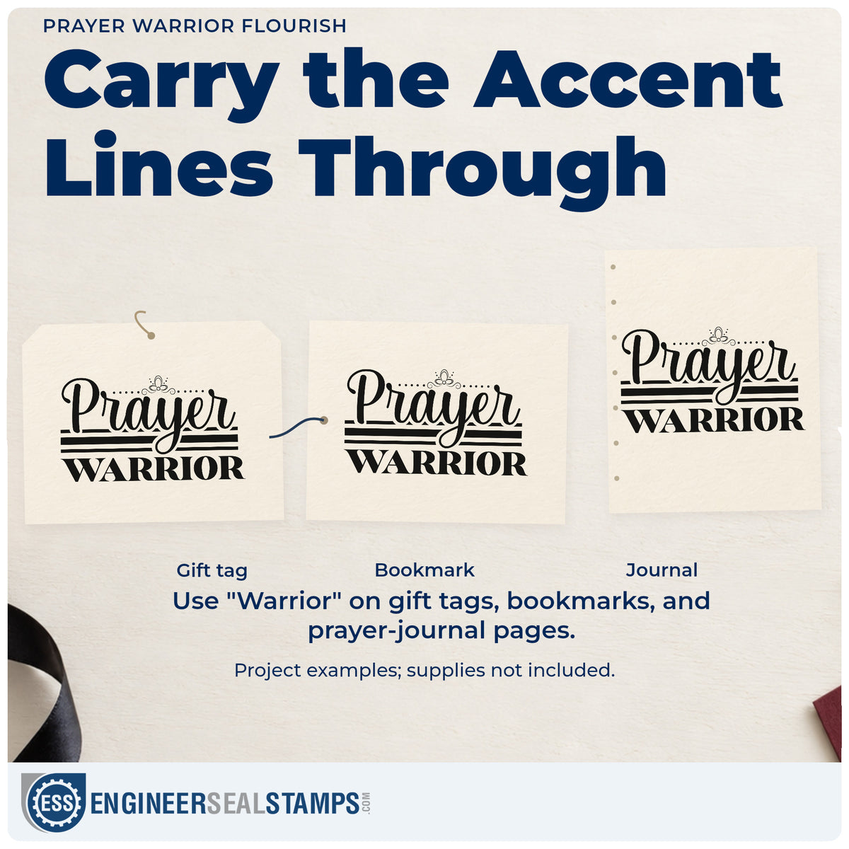 Three project examples made with the Vintage Pro Prayer Warrior Flourish Premium Wooden Stamp, including legacy pages.