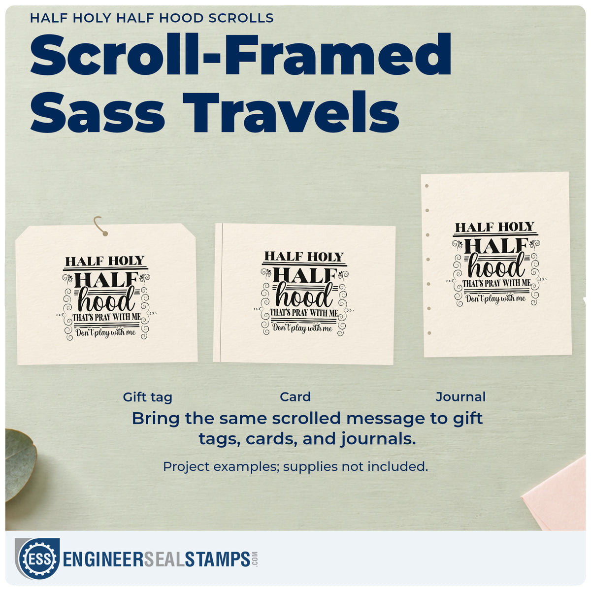 Three project examples made with the Duo Hand Half Holy Half Hood Scrolls Frame Accent Rubber Stamp, including friend pages.