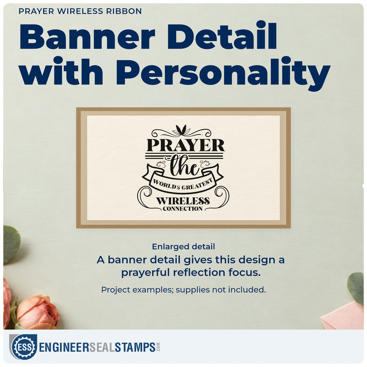 Enlarged detail of the Prayer Wireless Ribbon Rubber Stamp – Wood Handle imprint. A ribbon and decorative flourishes surround "Prayer, the world's greatest wireless connection."