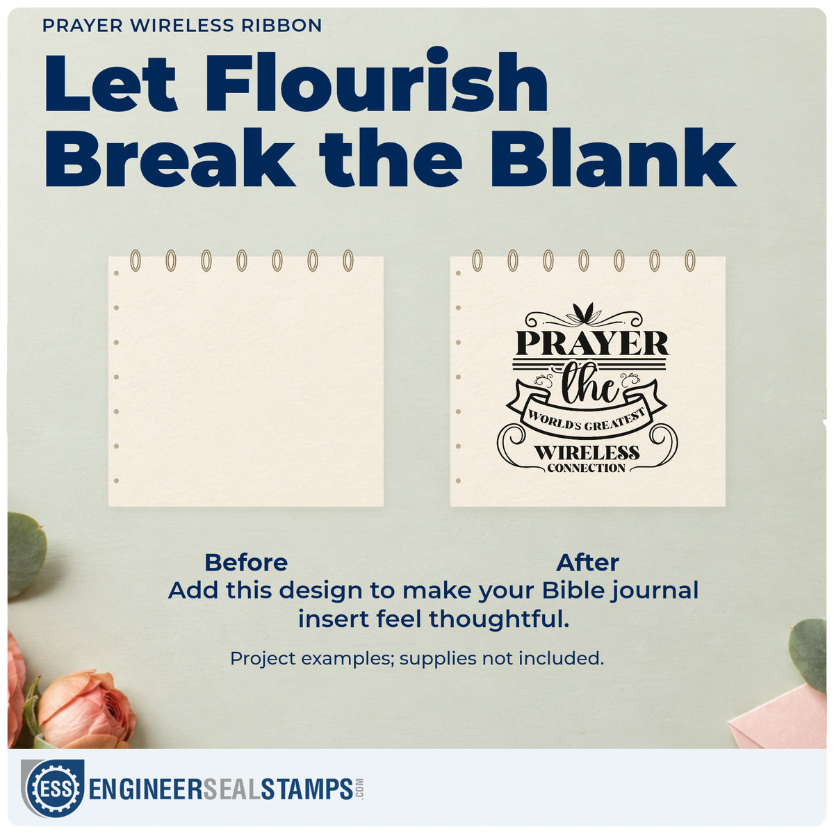 Before and after of a plain item finished with the Prayer Wireless Ribbon Stamp – Slim Pre-Inked, a quick upgrade for phone case inserts.