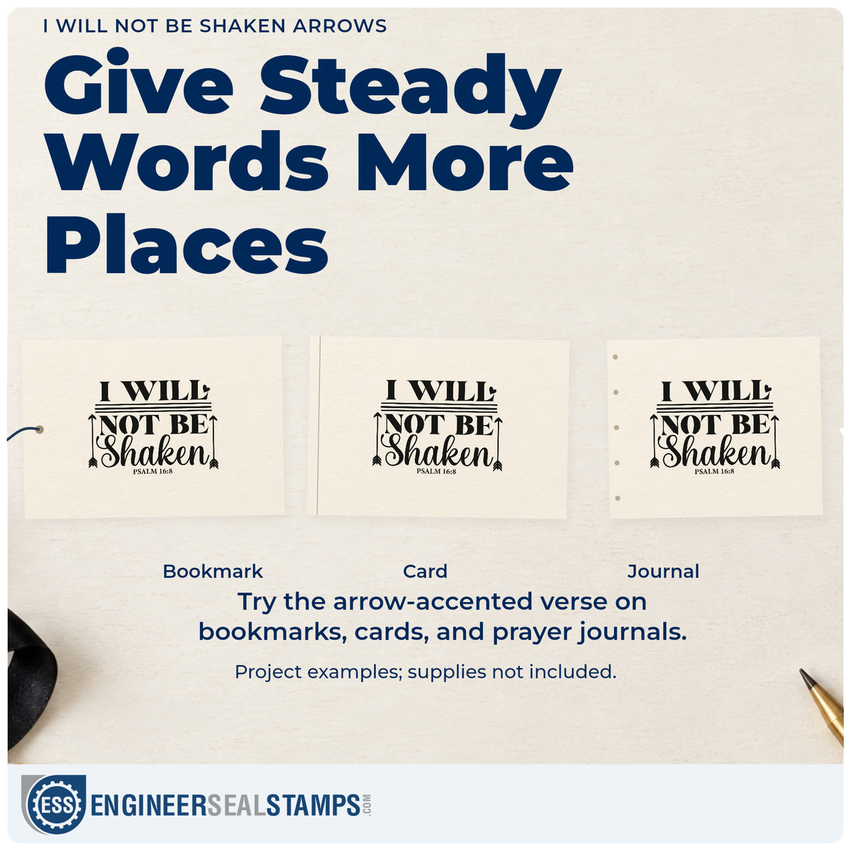 Three project examples made with the I Will Not Be Shaken Arrows With Hearts Wood Handle Stamp, including storm season pages.