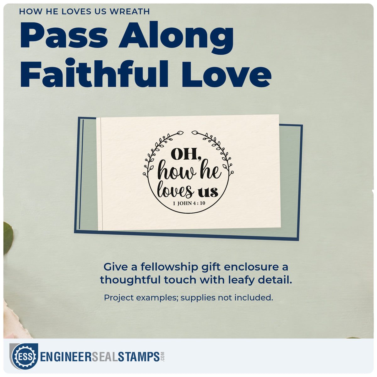 A finished handmade project stamped with the How He Loves Us Wreath Pre-Inked Stamp – Slim, ideal for wedding favor tags.