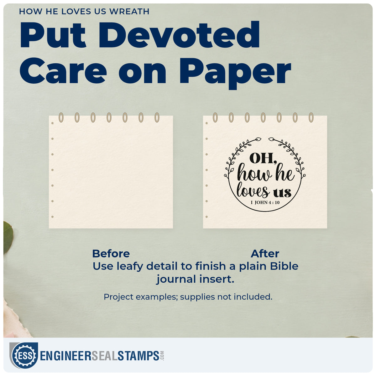 Before and after of a plain item finished with the How He Loves Us Wreath Pre-Inked Stamp – Slim, a quick upgrade for valentine cards.