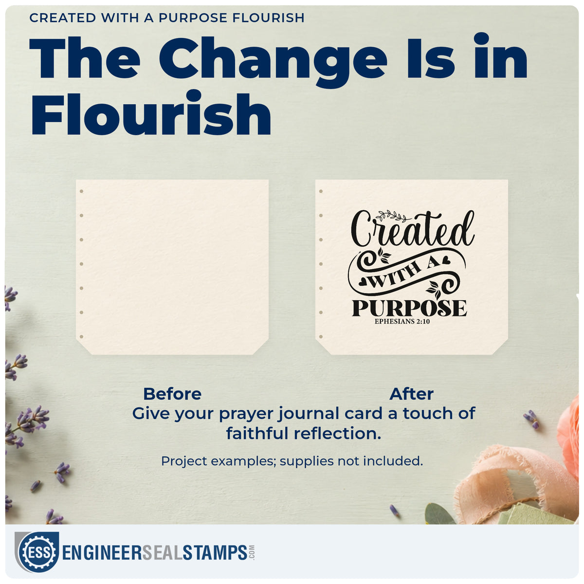 Before and after of a plain item finished with the Created With A Purpose Flourish Detail Rubber Stamp – Duo Hand, a quick upgrade for maker hang tags.