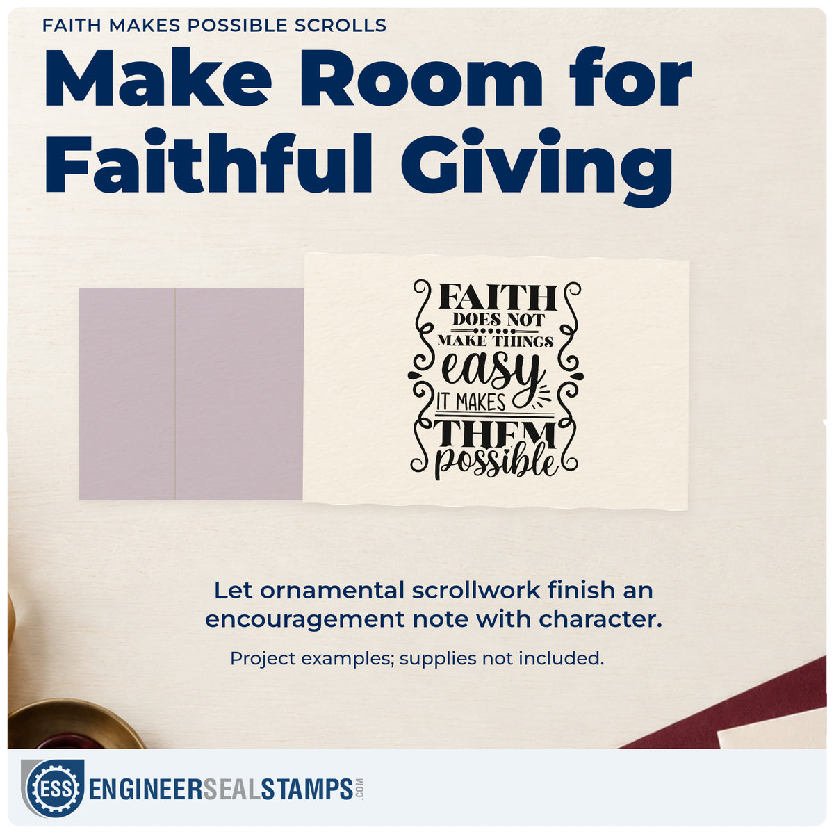 A finished handmade project stamped with the Faith Makes Possible Scrolls Slim Pre-Inked Stamp, ideal for chemo care kits.