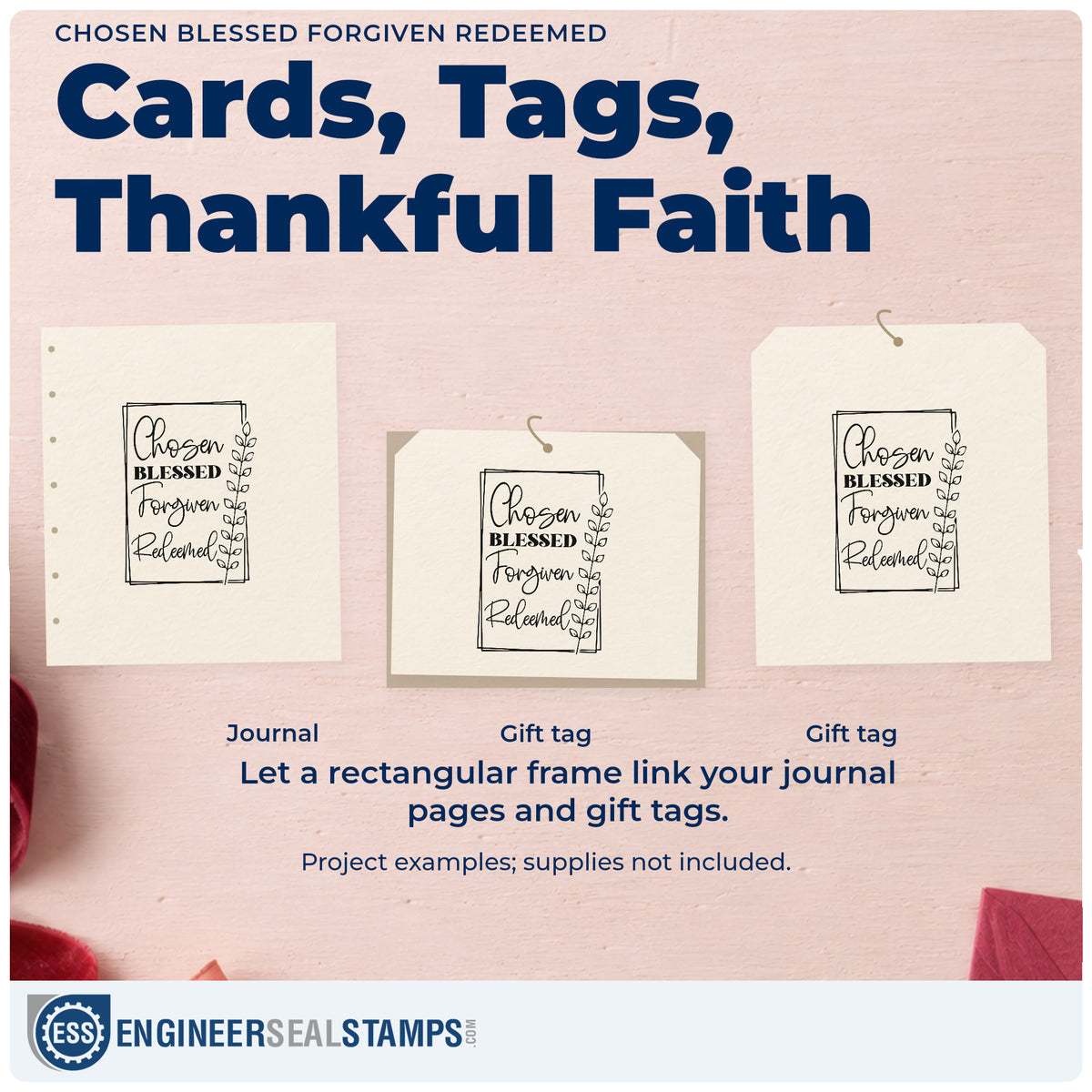 Three project examples made with the Chosen Blessed Forgiven Redeemed Self-Inking Stamp, including faith journey pages.