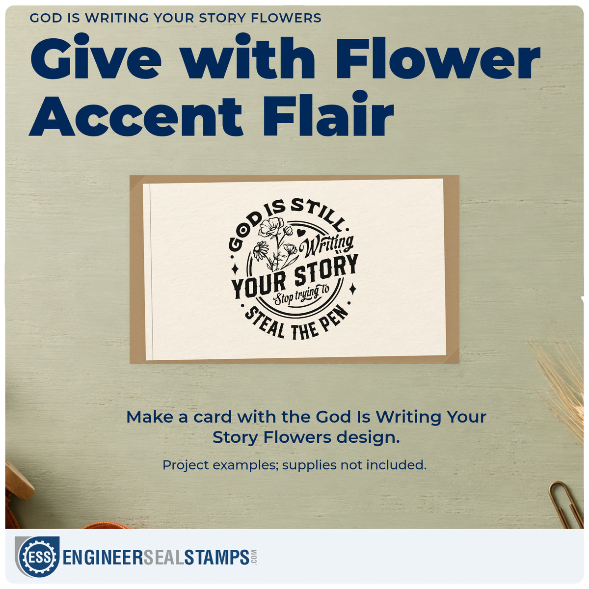 A finished handmade project stamped with the God Is Writing Your Story Flowers Rubber Stamp – Duo Hand, ideal for author gift tags.