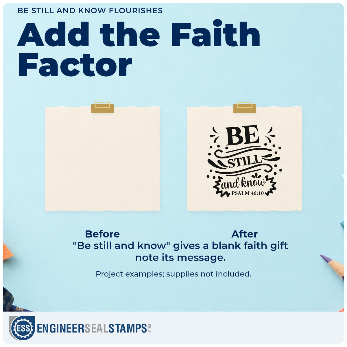 Before and after of a plain item finished with the Be Still And Know Flourishes Premium Wooden Stamp - Vintage Pro, a quick upgrade for burnout notes.