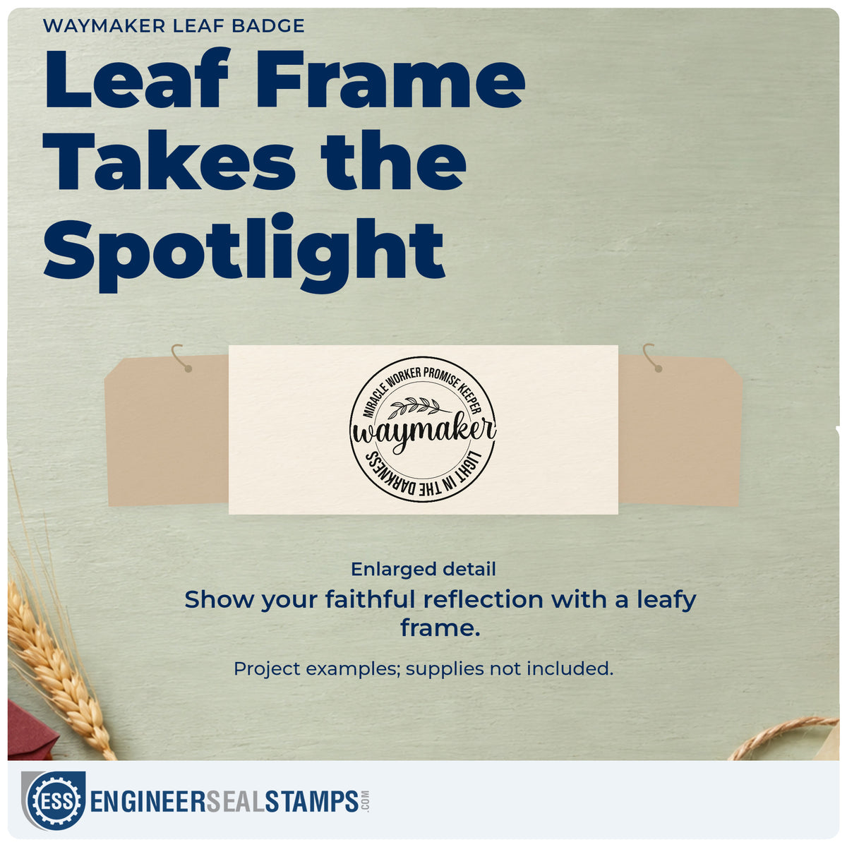 Enlarged detail of the Waymaker Leaf Emblem Slim Pre-Inked Stamp imprint. A leafy sprig tops "Waymaker" script inside a circular border listing "Miracle worker," "Promise keeper," and "Light in the darkness."