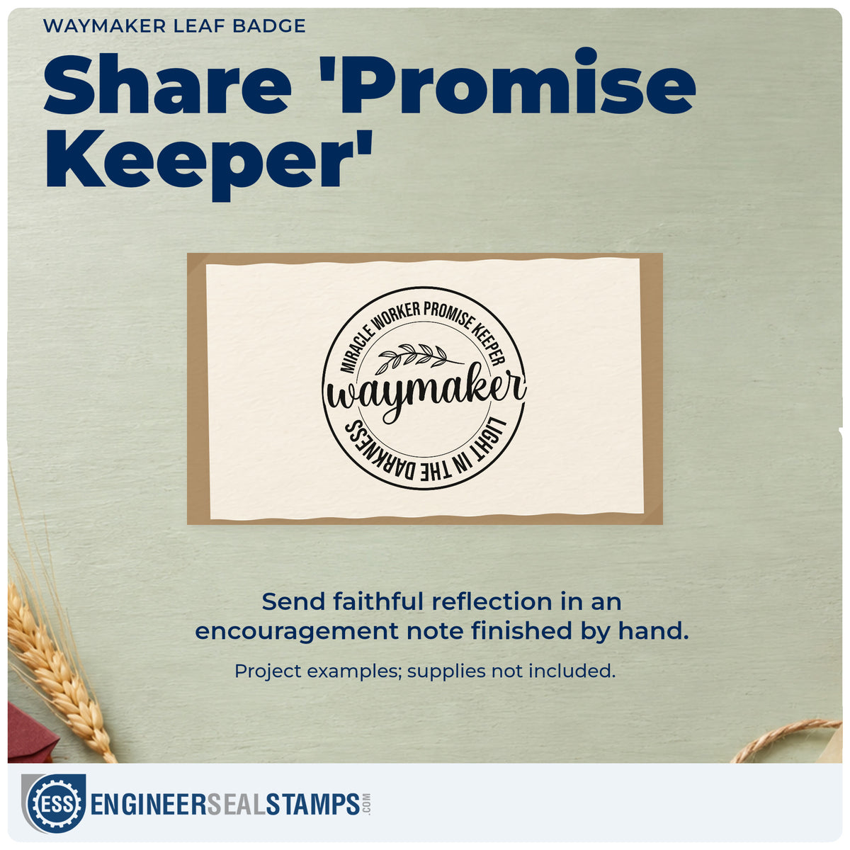 A finished handmade project stamped with the Waymaker Leaf Emblem Wood Handle Stamp, ideal for round label seals.