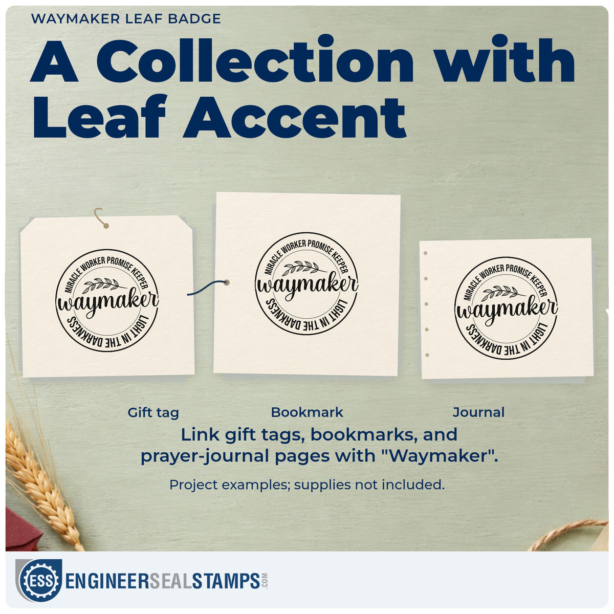 Three project examples made with the Premium Wooden Waymaker Leaf Emblem Stamp - Vintage Pro, including breakthrough pages.