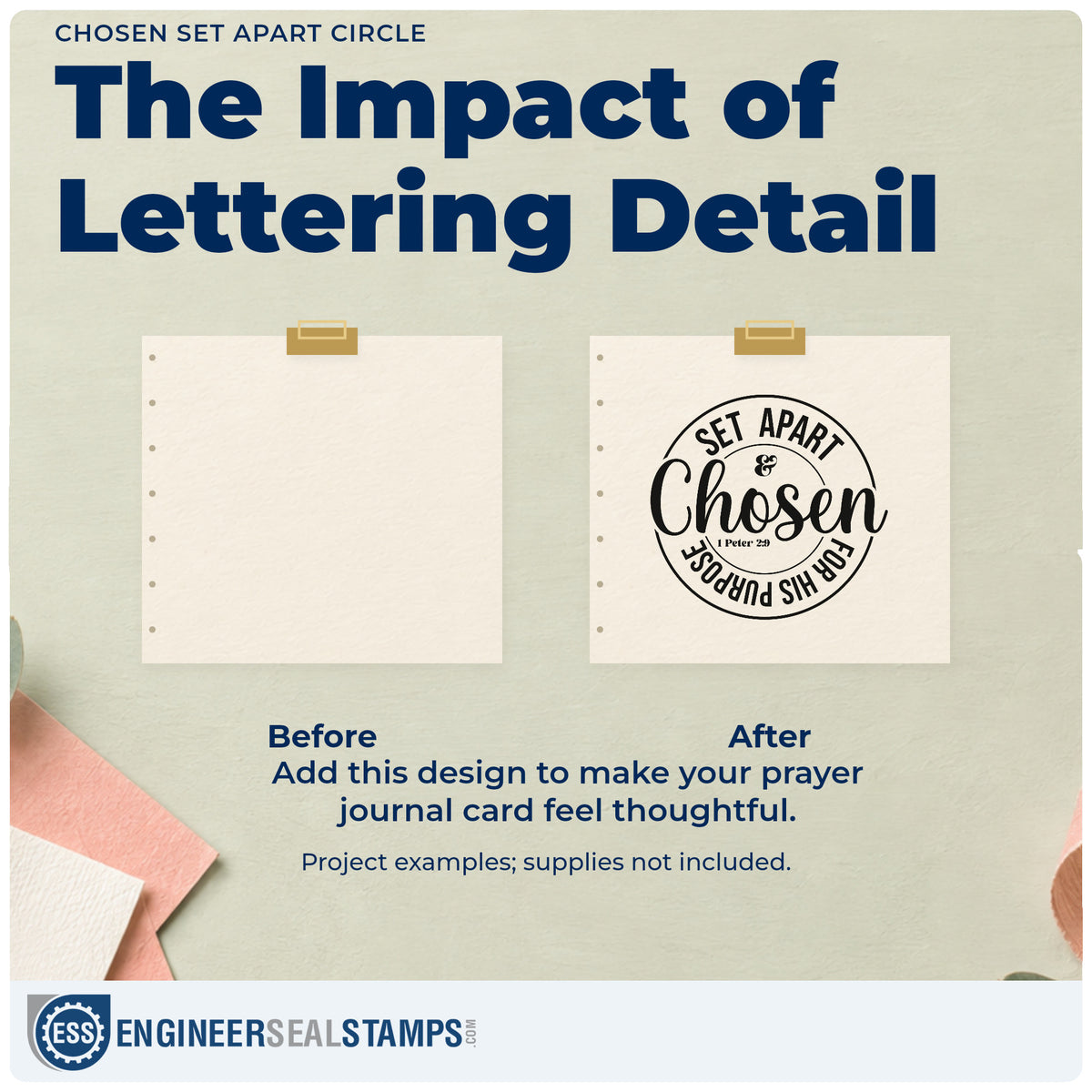 Before and after of a plain item finished with the Set Apart & Chosen For His Purpose Hand Stamp – Duo, a quick upgrade for canvas totes.