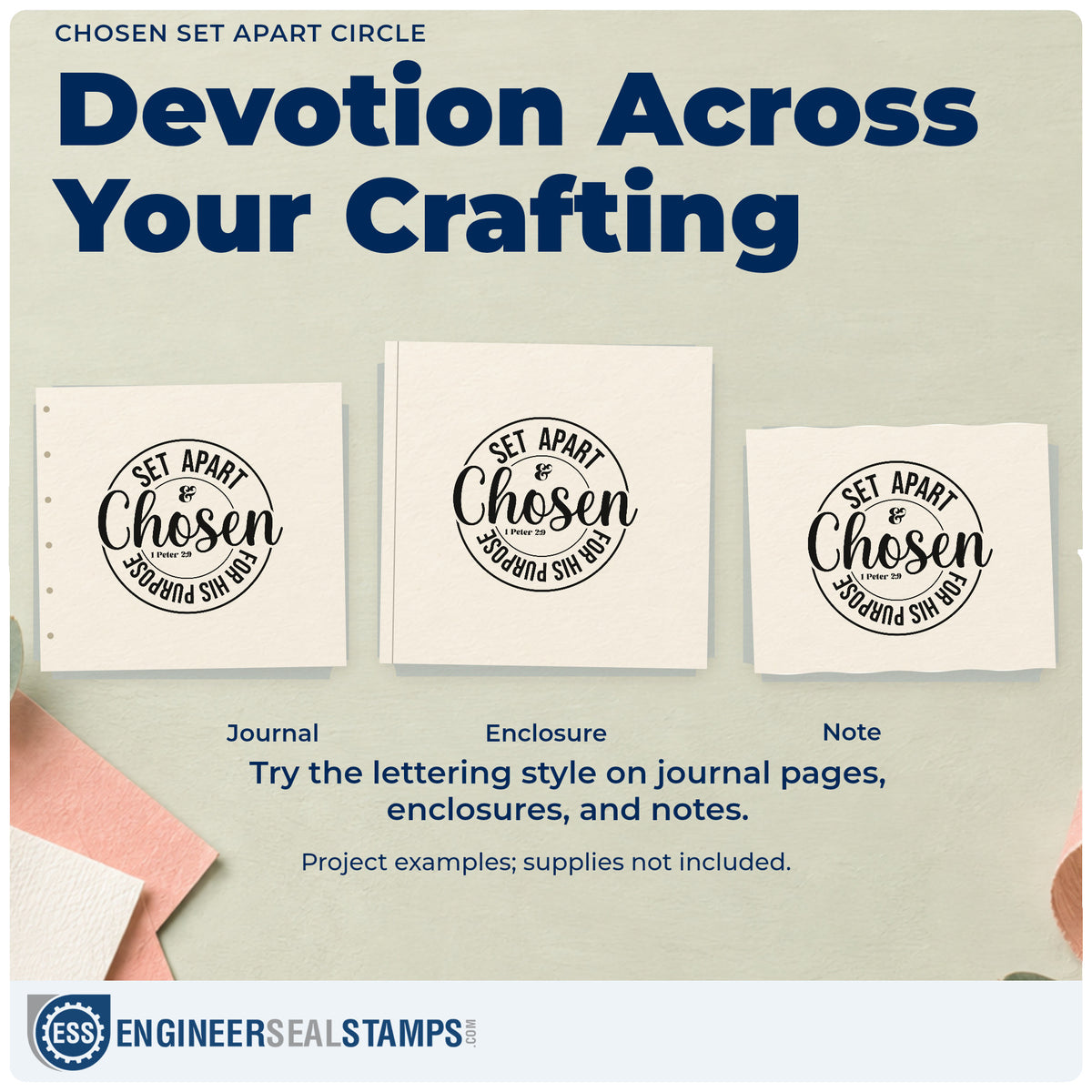 Three project examples made with the Set Apart & Chosen For His Purpose Premium Wood-Mounted Stamp - Vintage Pro, including calling pages.