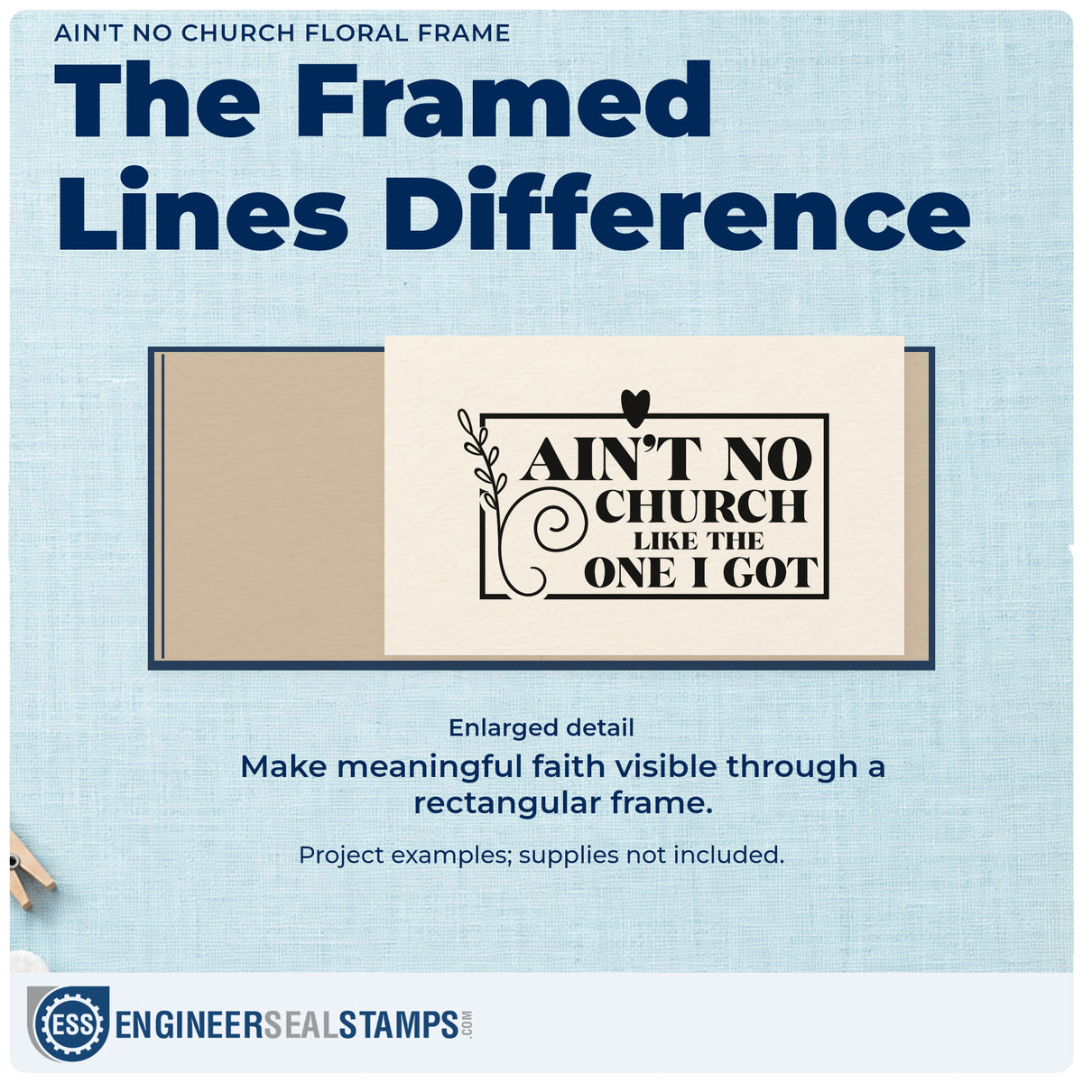 Enlarged detail of the Ain't No Church Like The One I Got Compact Pre-Inked Stamp – Slim imprint. A rectangular outline, heart, and leafy scroll frame "Ain't no church like the one I got."