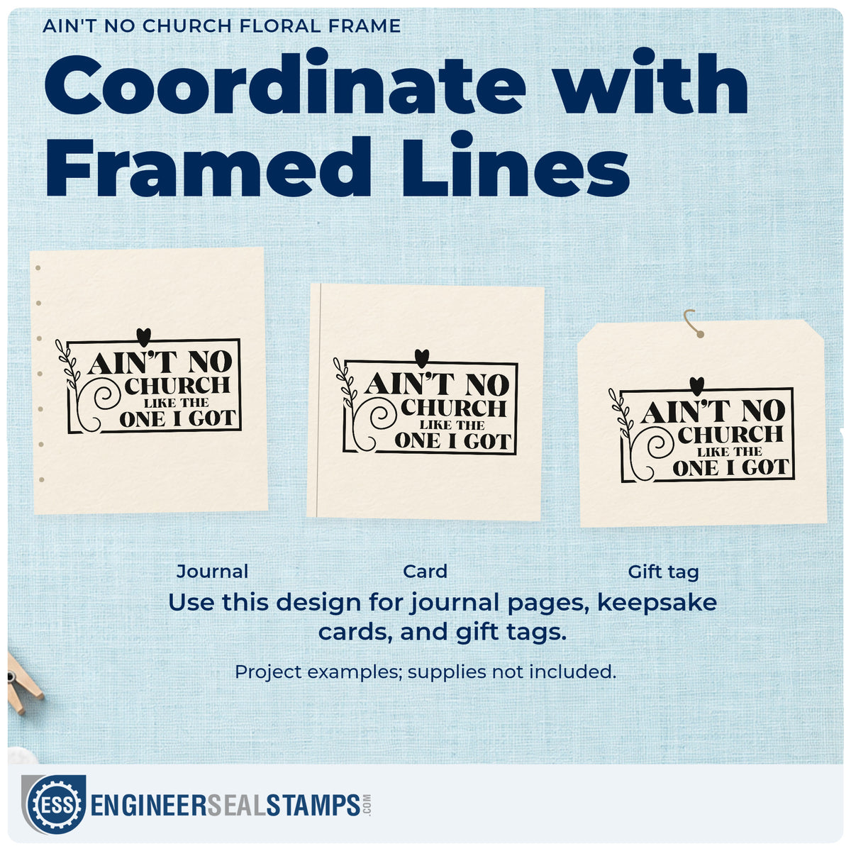 Three project examples made with the Ain't No Church Like The One I Got PSI Pre-Inked Stamp, including church family pages.