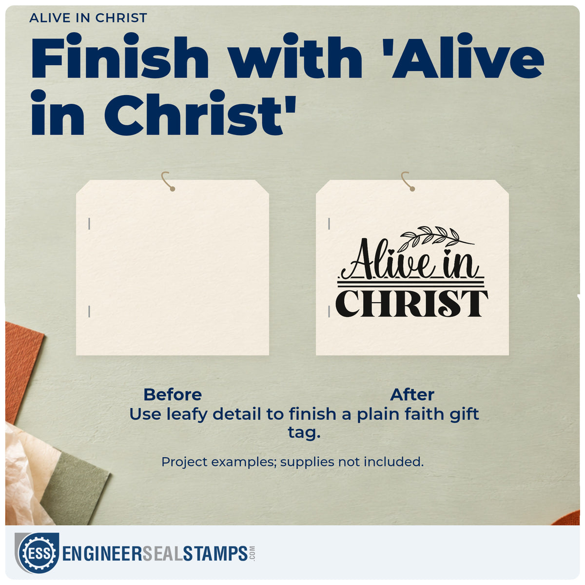 Before and after of a plain item finished with the Alive In Christ Duo Hand Stamp, a quick upgrade for recovery milestones.