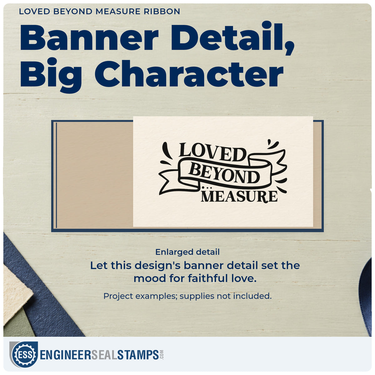 Enlarged detail of the Loved Beyond Measure Ribbon Word Art Self-Inking Stamp imprint. A ribbon carrying "Beyond" sits between "Loved" and "Measure," with small decorative marks.