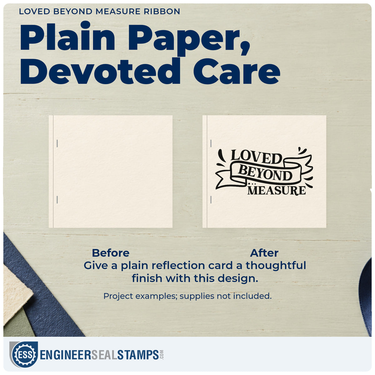 Before and after of a plain item finished with the Loved Beyond Measure Ribbon Word Art PSI Pre-Inked Stamp, a quick upgrade for valentine cards.