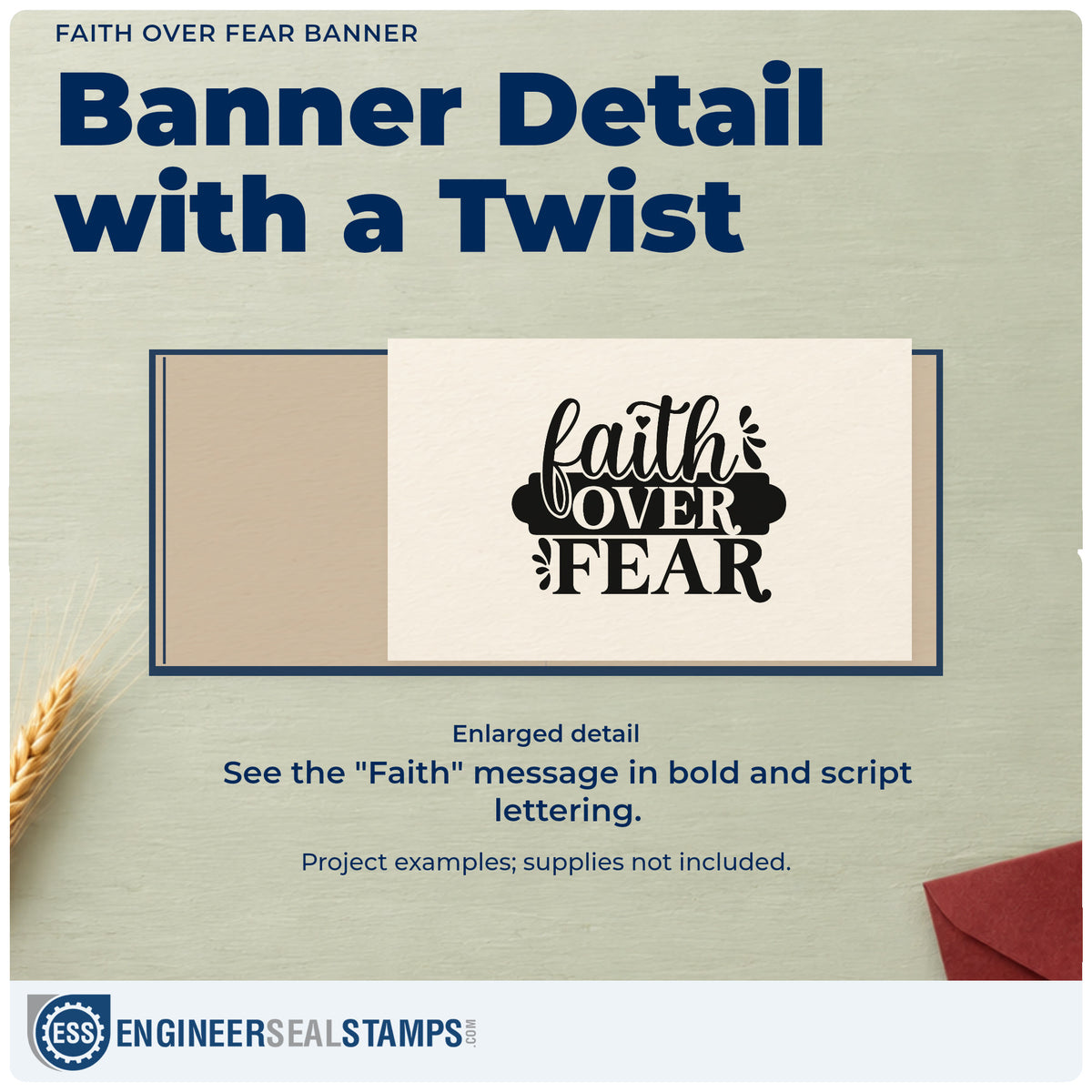 Enlarged detail of the Self-Inking Faith Over Fear Banner Script Lettering Stamp imprint. A dark rounded banner emphasizes "Over" between "Faith" script and bold "Fear."