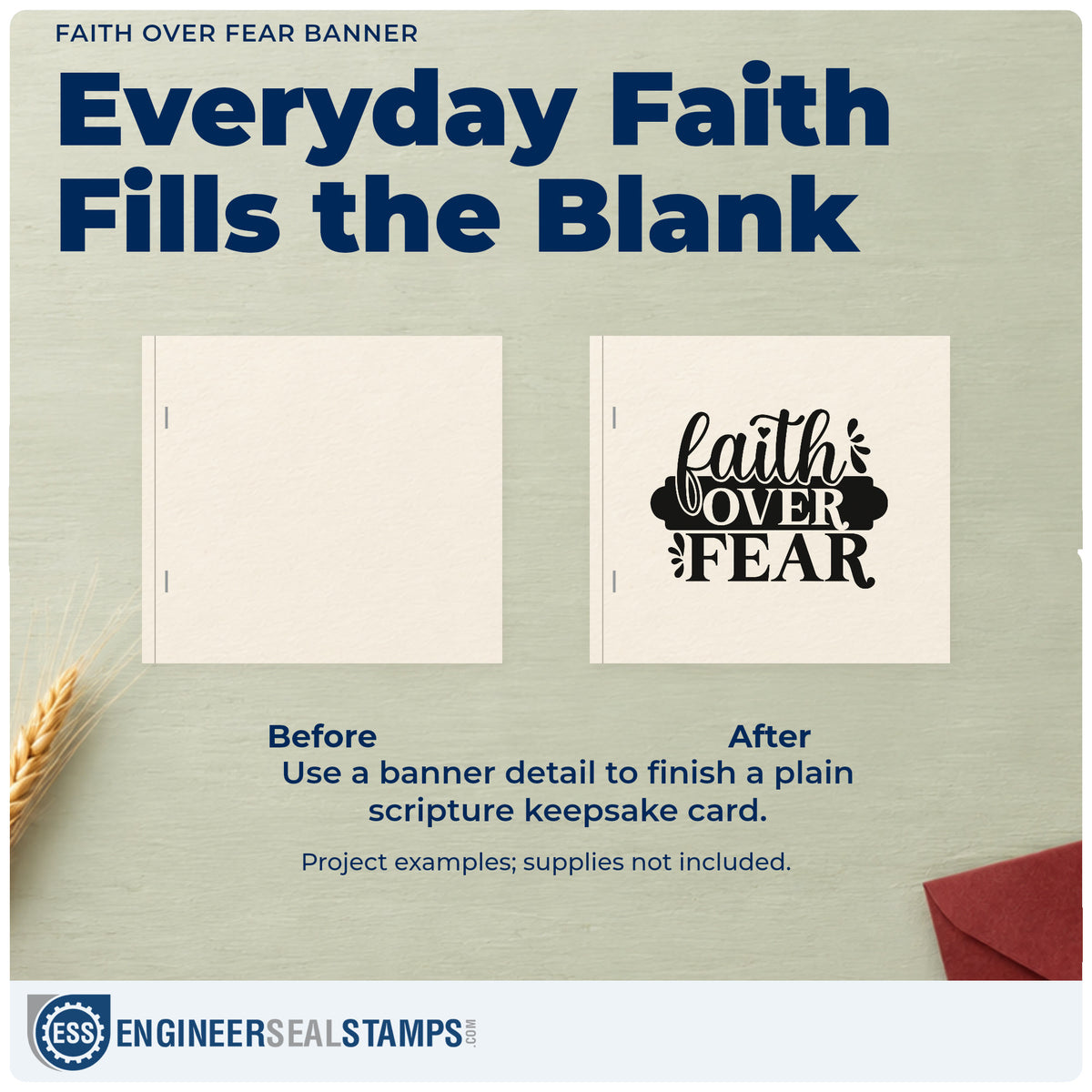 Before and after of a plain item finished with the Faith Over Fear Banner Script Lettering Pre-Inked Stamp – PSI, a quick upgrade for driver's test notes.