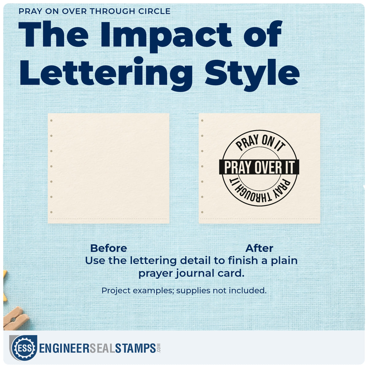 Before and after of a plain item finished with the Wood Handle Pray On Over Through Circle Rubber Stamp, a quick upgrade for tee transfers.