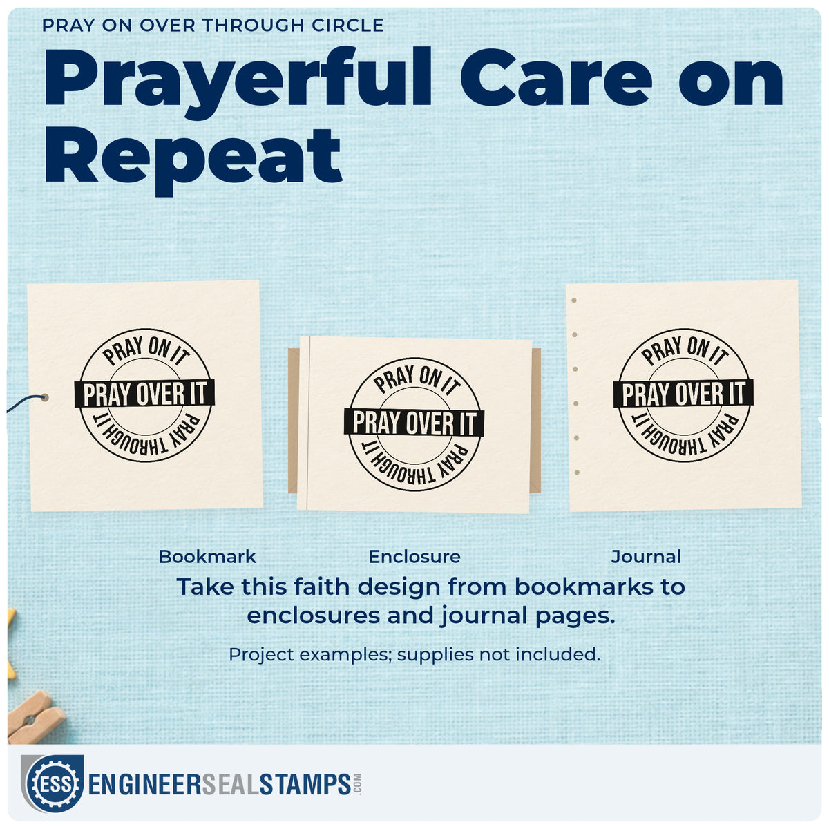 Three project examples made with the Pray On Over Through Circle Rubber Stamp – Duo Hand, including decision pages.