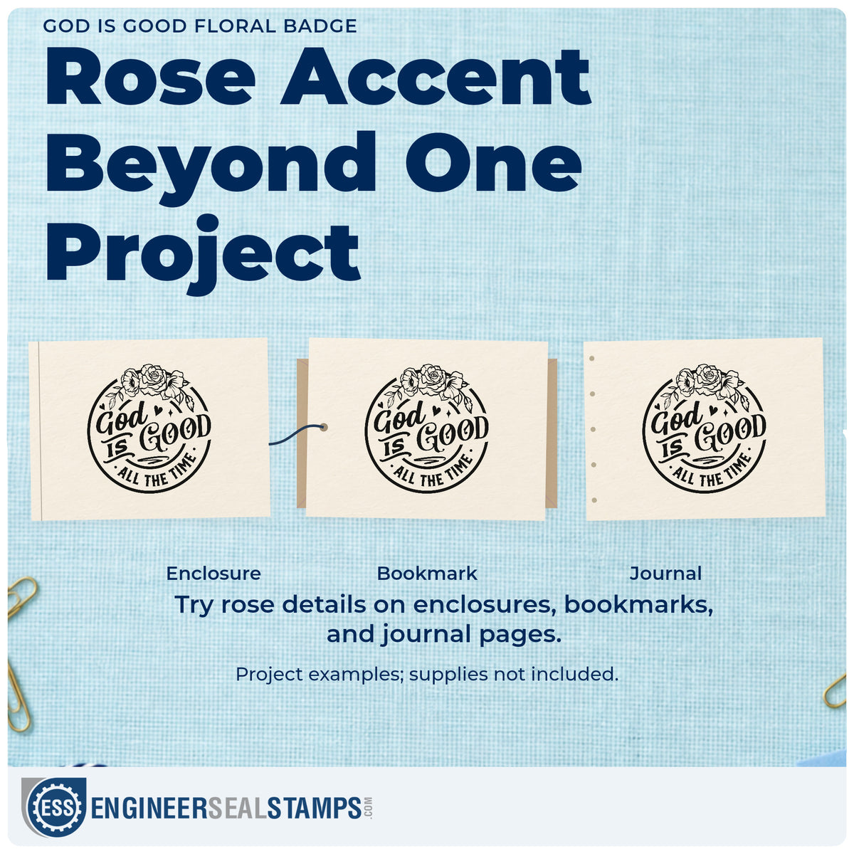 Three project examples made with the God Is Good Floral Badge Self-Inking Stamp, including praise pages.