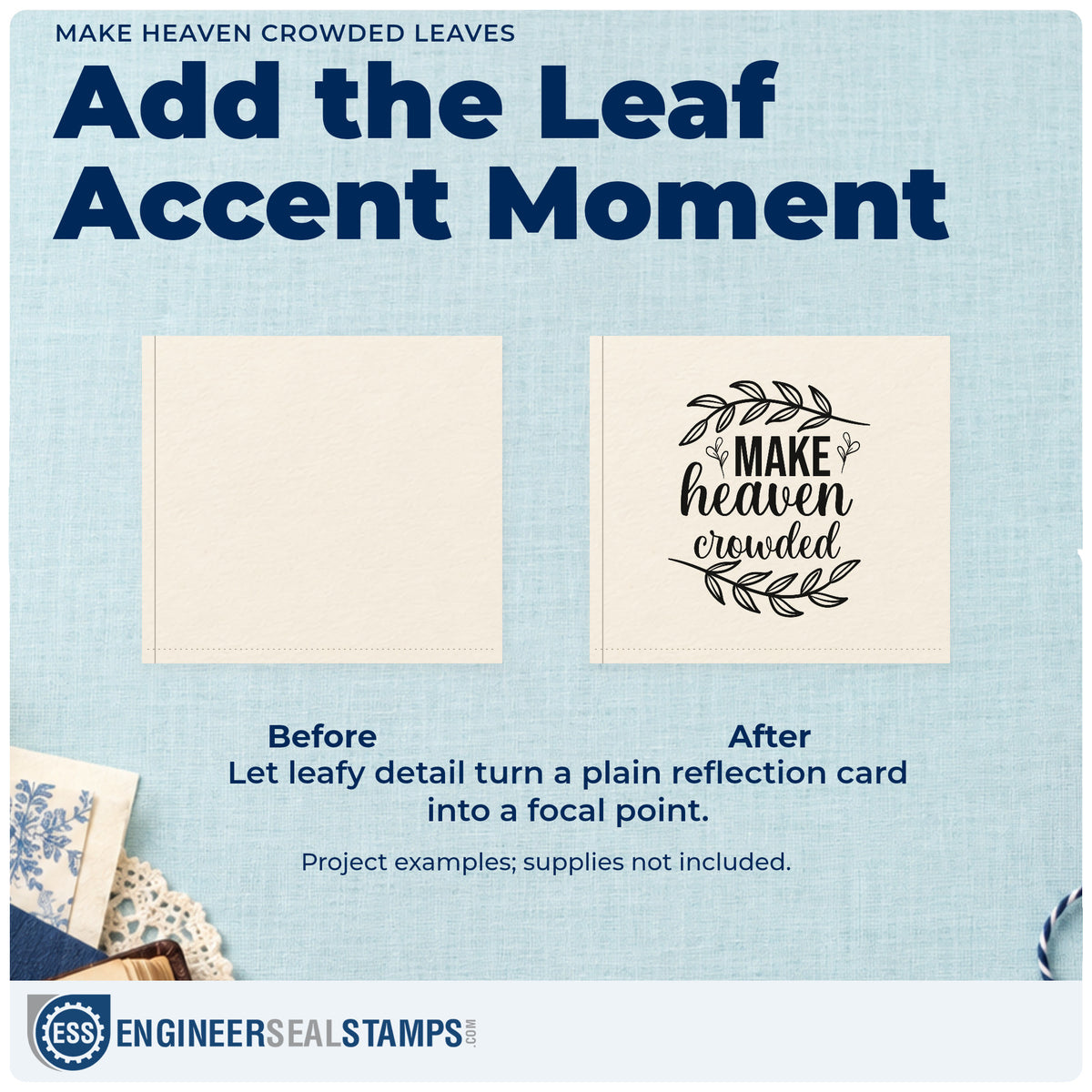 Before and after of a plain item finished with the Make Heaven Crowded Leaves Stamp – Slim Pre-Inked, a quick upgrade for vbs thank-yous.