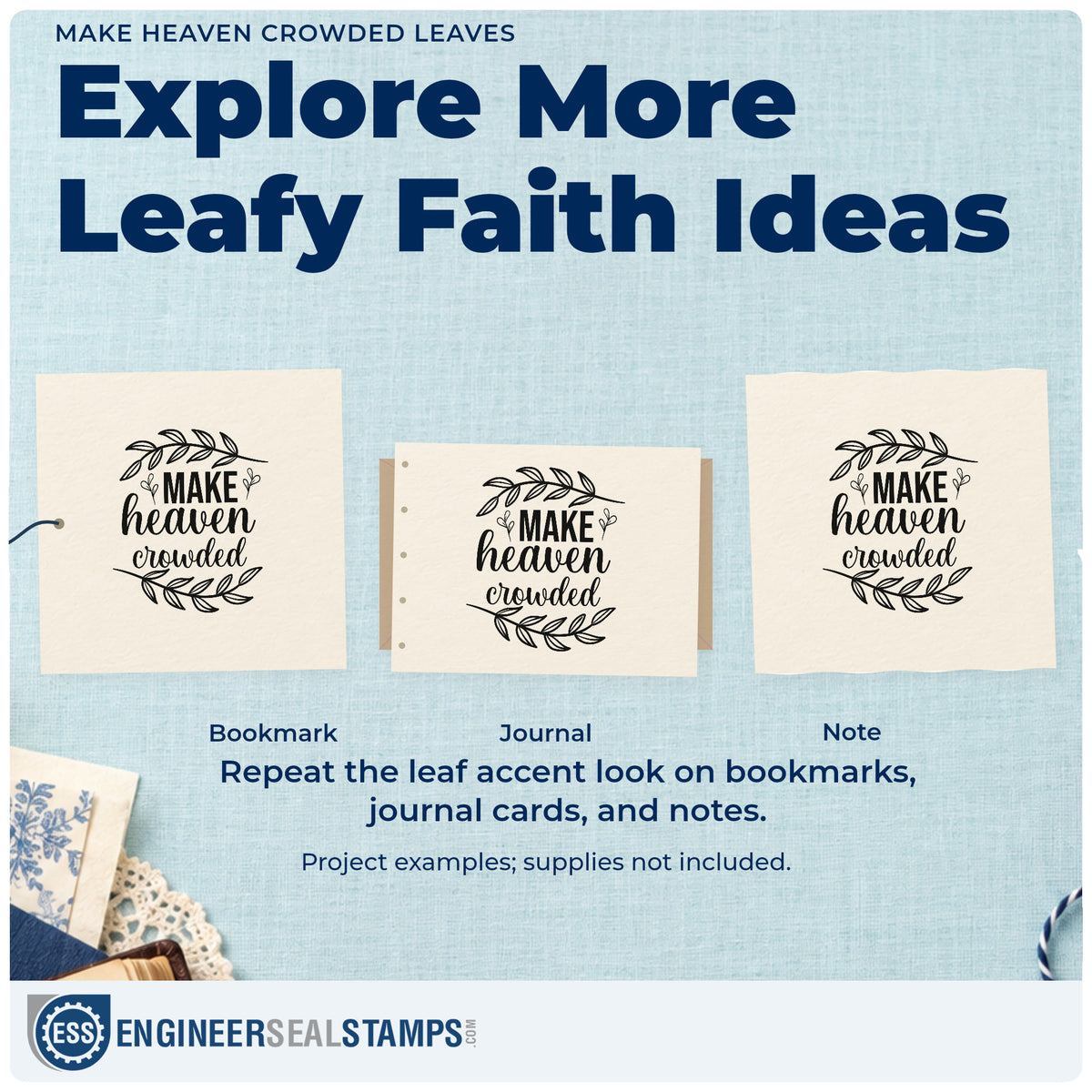 Three project examples made with the Make Heaven Crowded Leaves Stamp – Slim Pre-Inked, including mission pages.