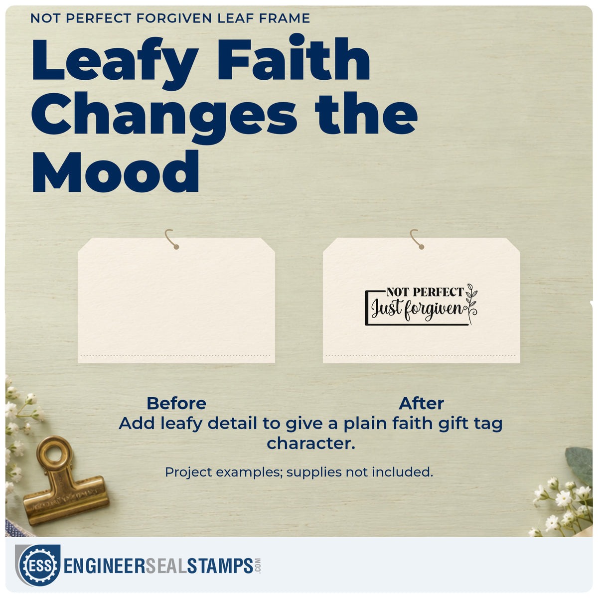 Before and after of a plain item finished with the Not Perfect Forgiven Leaf Framed Lettering Stamp - Premium Vintage Pro Wooden, a quick upgrade for reentry welcome kits.