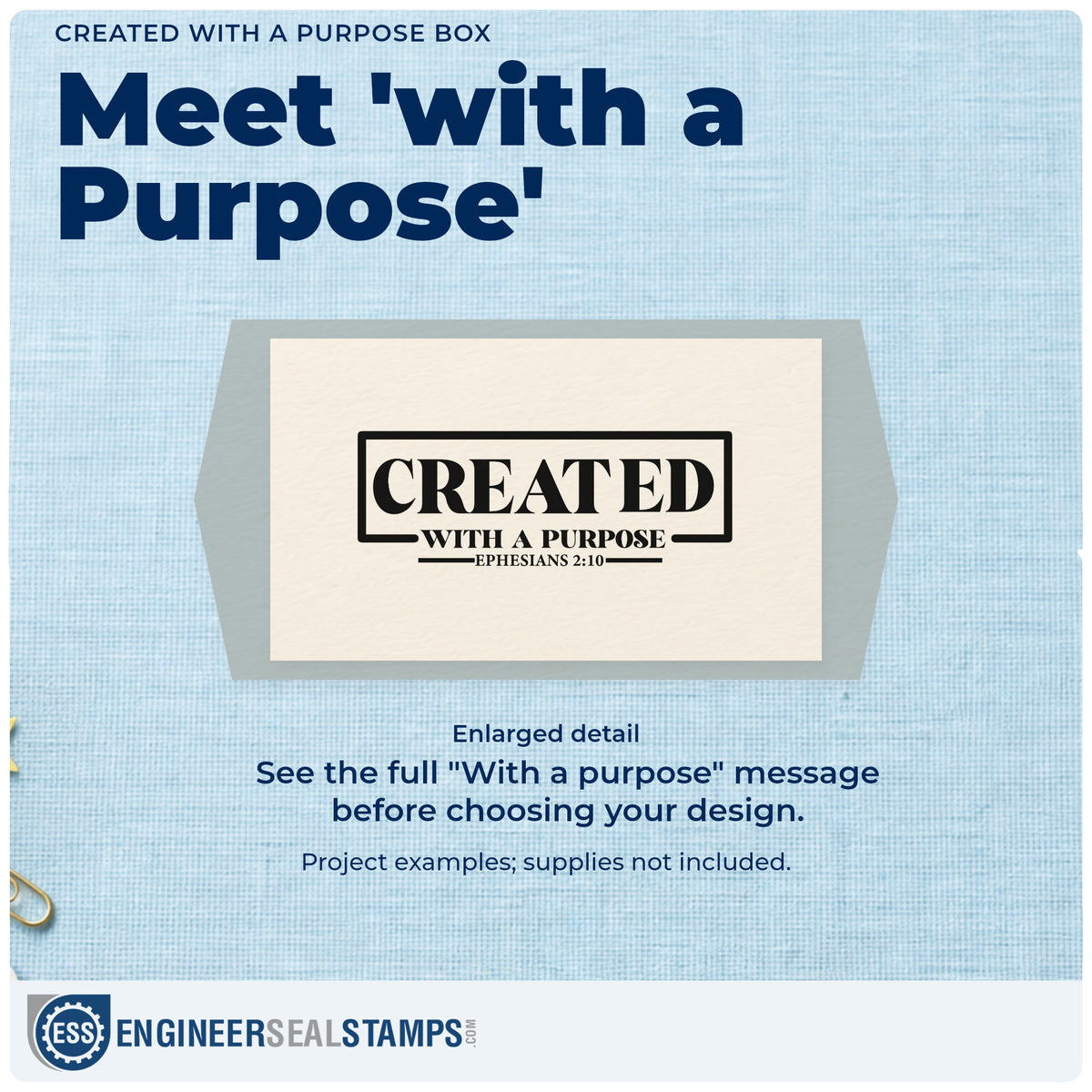 Enlarged detail of the Pre-Inked Created With A Purpose Box Stamp – PSI imprint. A rectangular outline frames bold "Created" above "With a purpose" and Ephesians 2:10.