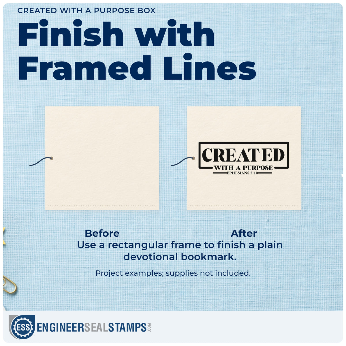 Before and after of a plain item finished with the Pre-Inked Created With A Purpose Box Stamp – PSI, a quick upgrade for small business tags.