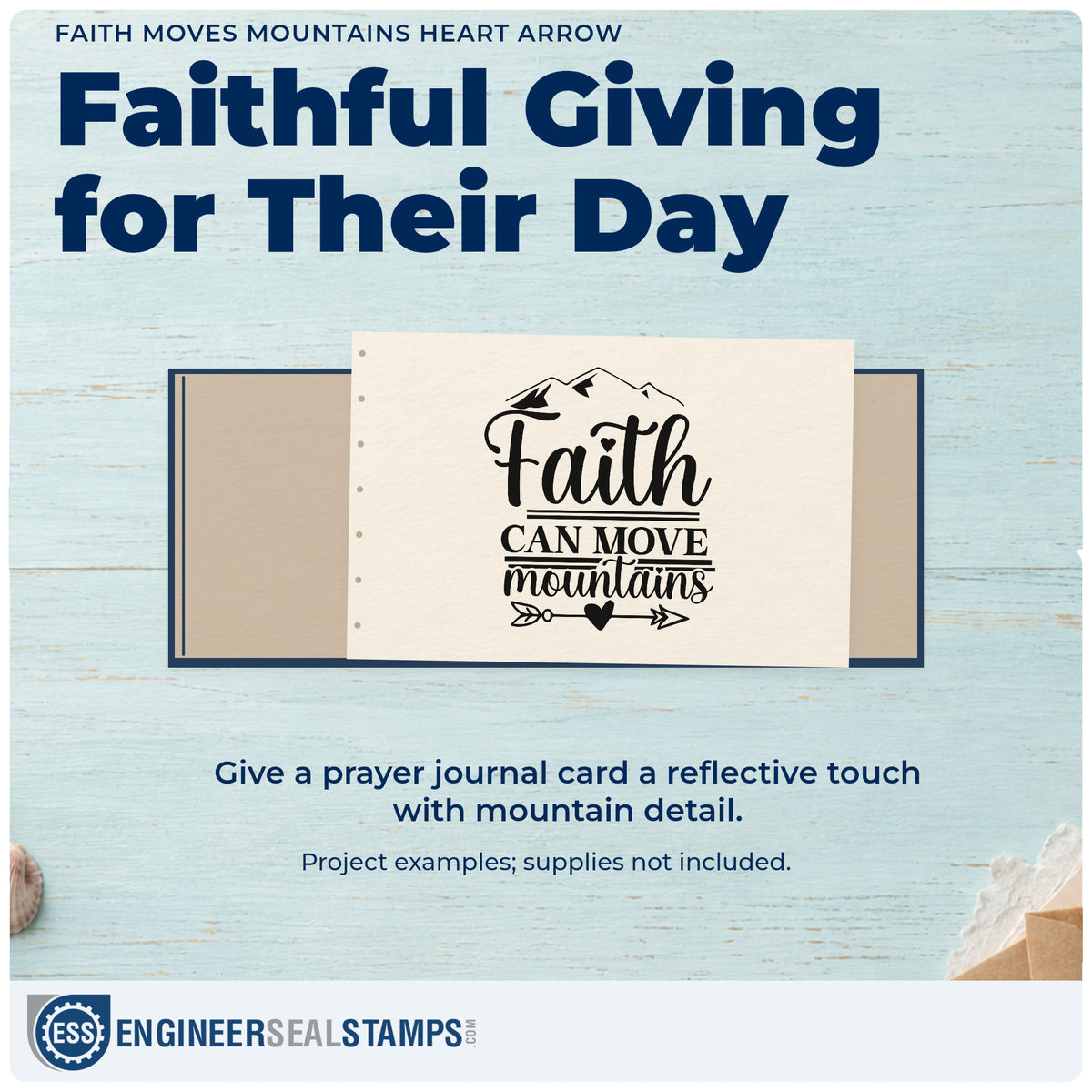A finished handmade project stamped with the Faith Moves Mountains Heart Arrow Premium Wooden Stamp - Vintage Pro, ideal for couples hiking gifts.