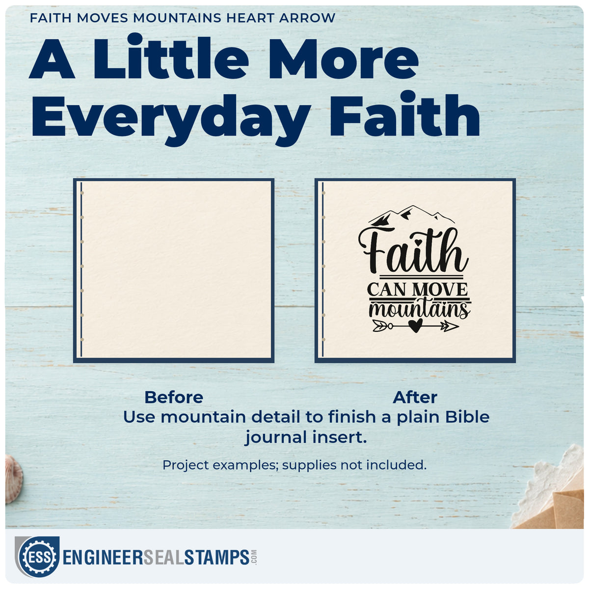 Before and after of a plain item finished with the Faith Moves Mountains Heart Arrow PSI Pre-Inked Stamp, a quick upgrade for engagement hike favors.