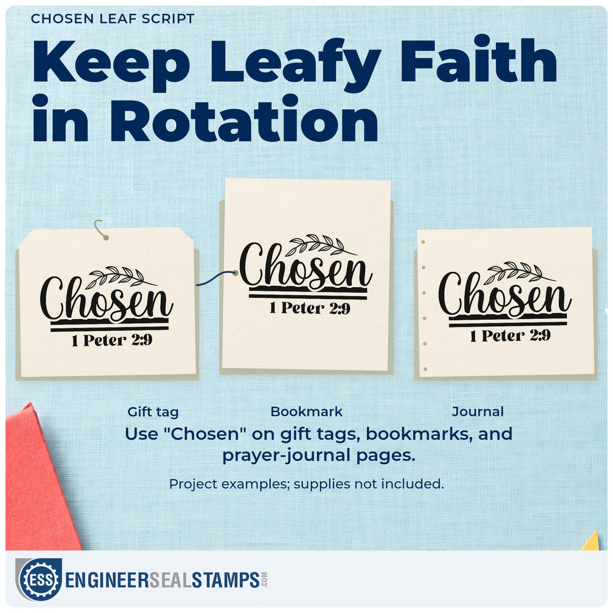 Three project examples made with the PSI Pre-Inked Chosen Leaf Script Stamp, including gotcha day pages.