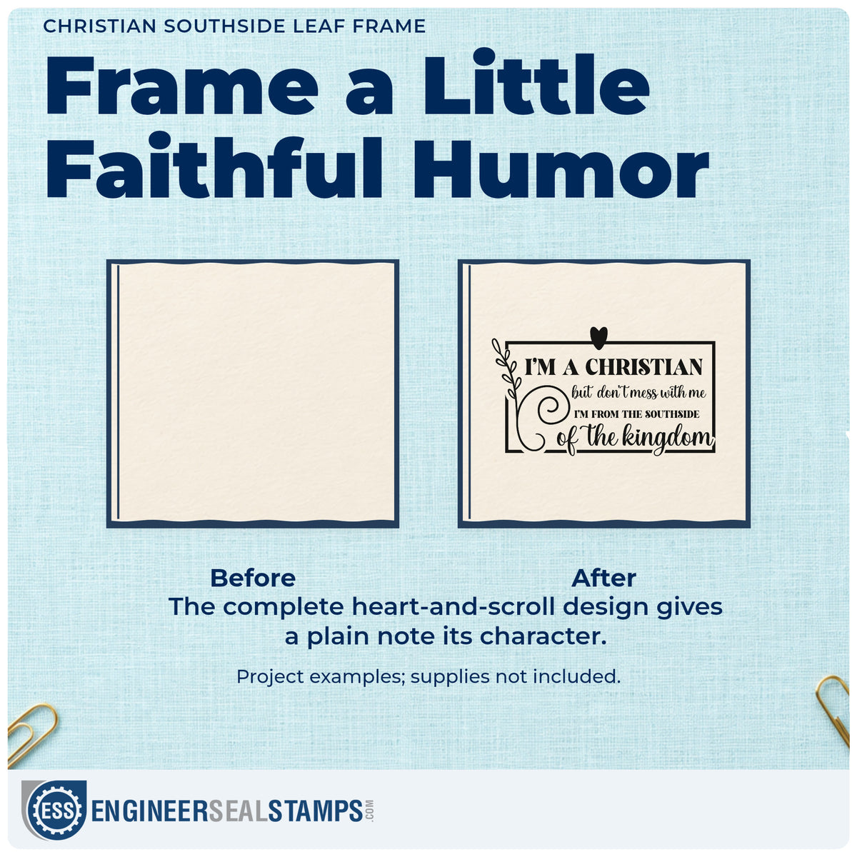 Before and after of a plain item finished with the Christian Southside Leaf Framed Lettering Wood Handle Stamp, a quick upgrade for coffee mug labels.