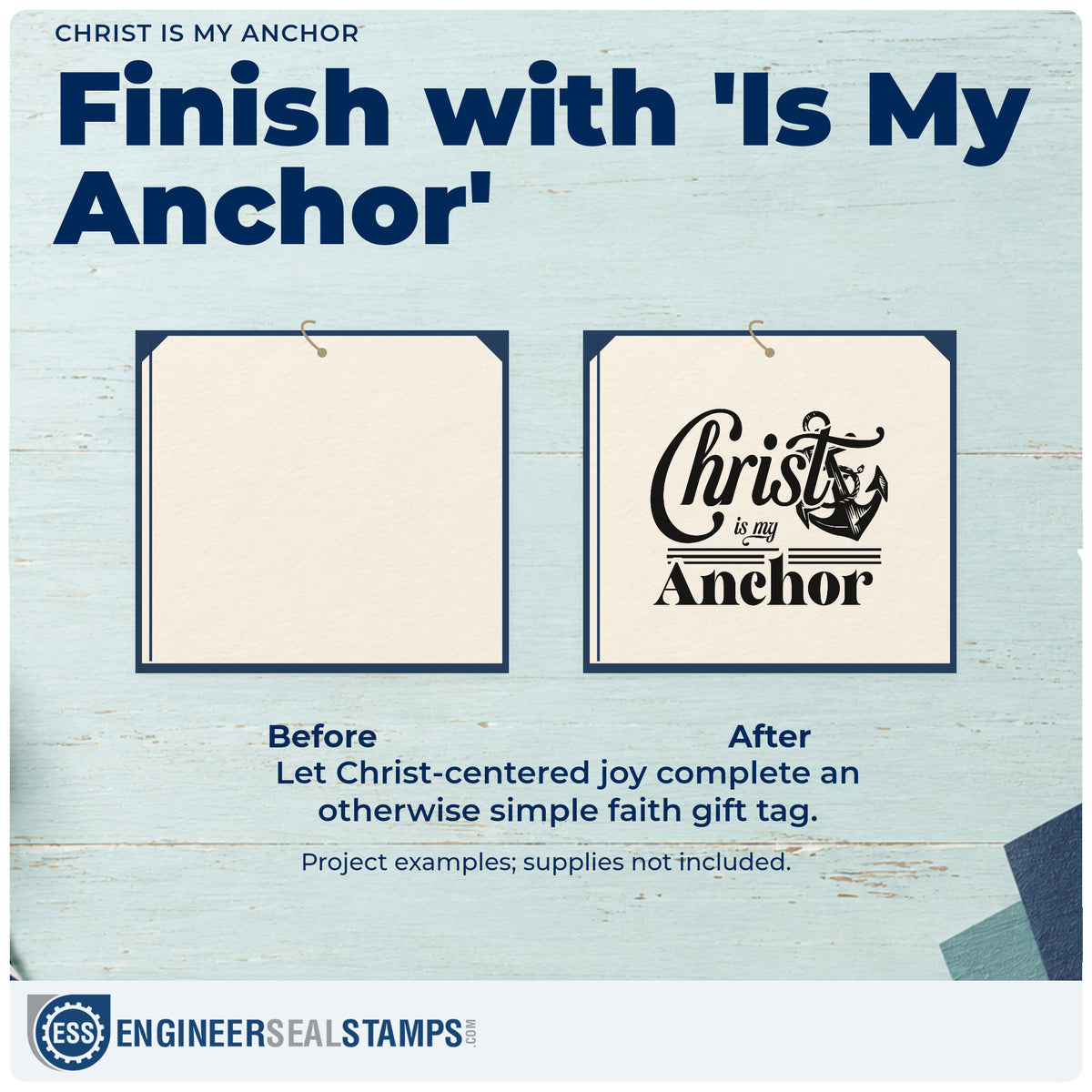 Before and after of a plain item finished with the Christ Is My Anchor Wood-Mounted Rubber Stamp, a quick upgrade for boat naming crafts.