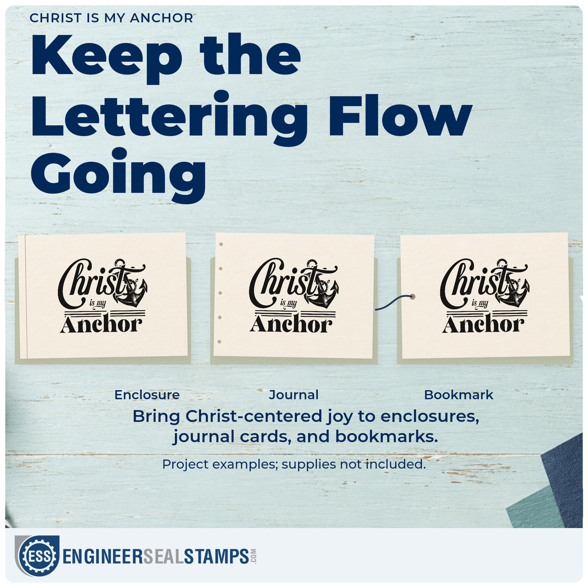 Three project examples made with the Christ Is My Anchor Pre-Inked Stamp – Slim, including coastal pages.
