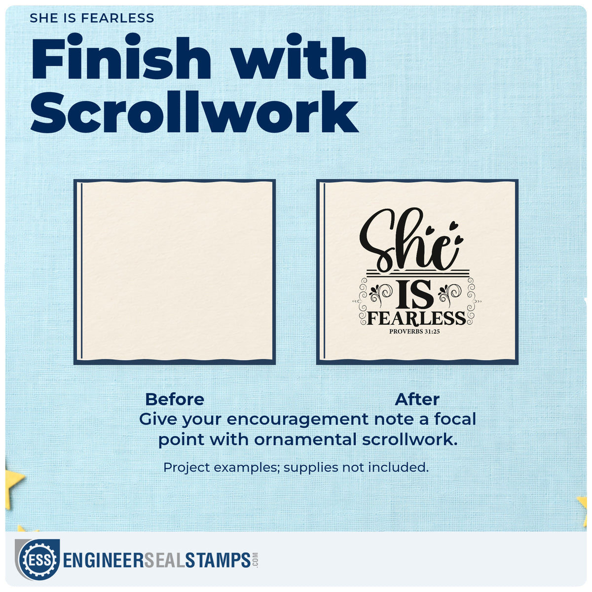 Before and after of a plain item finished with the She Is Fearless With Hearts Stamp – Duo Hand, a quick upgrade for solo travel gifts.