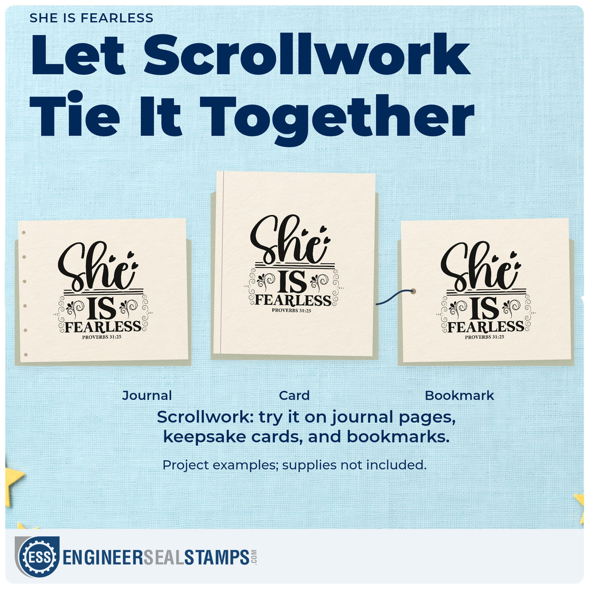 Three project examples made with the She Is Fearless With Hearts Rubber Stamp – Wood Handle, including brave girl pages.