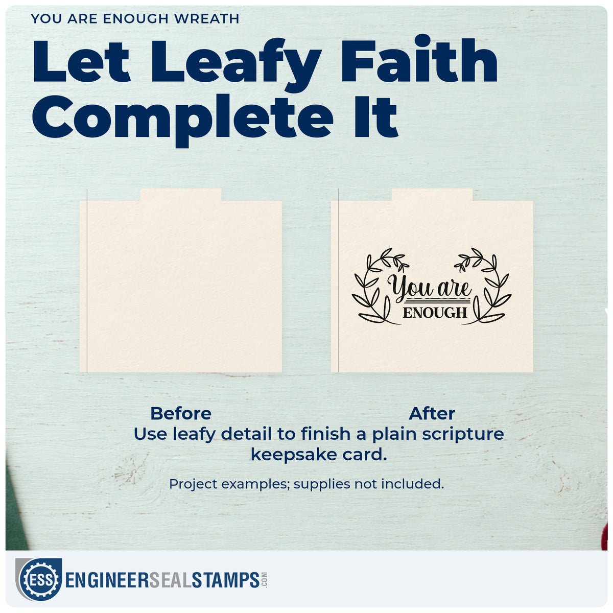 Before and after of a plain item finished with the You Are Enough Wreath PSI Pre-Inked Stamp, a quick upgrade for teen care packages.