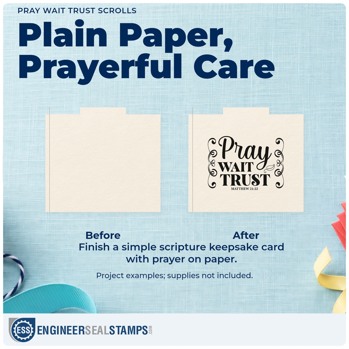 Before and after of a plain item finished with the Pray Wait Trust Scrolls Hand Stamp – Duo, a quick upgrade for planner month covers.