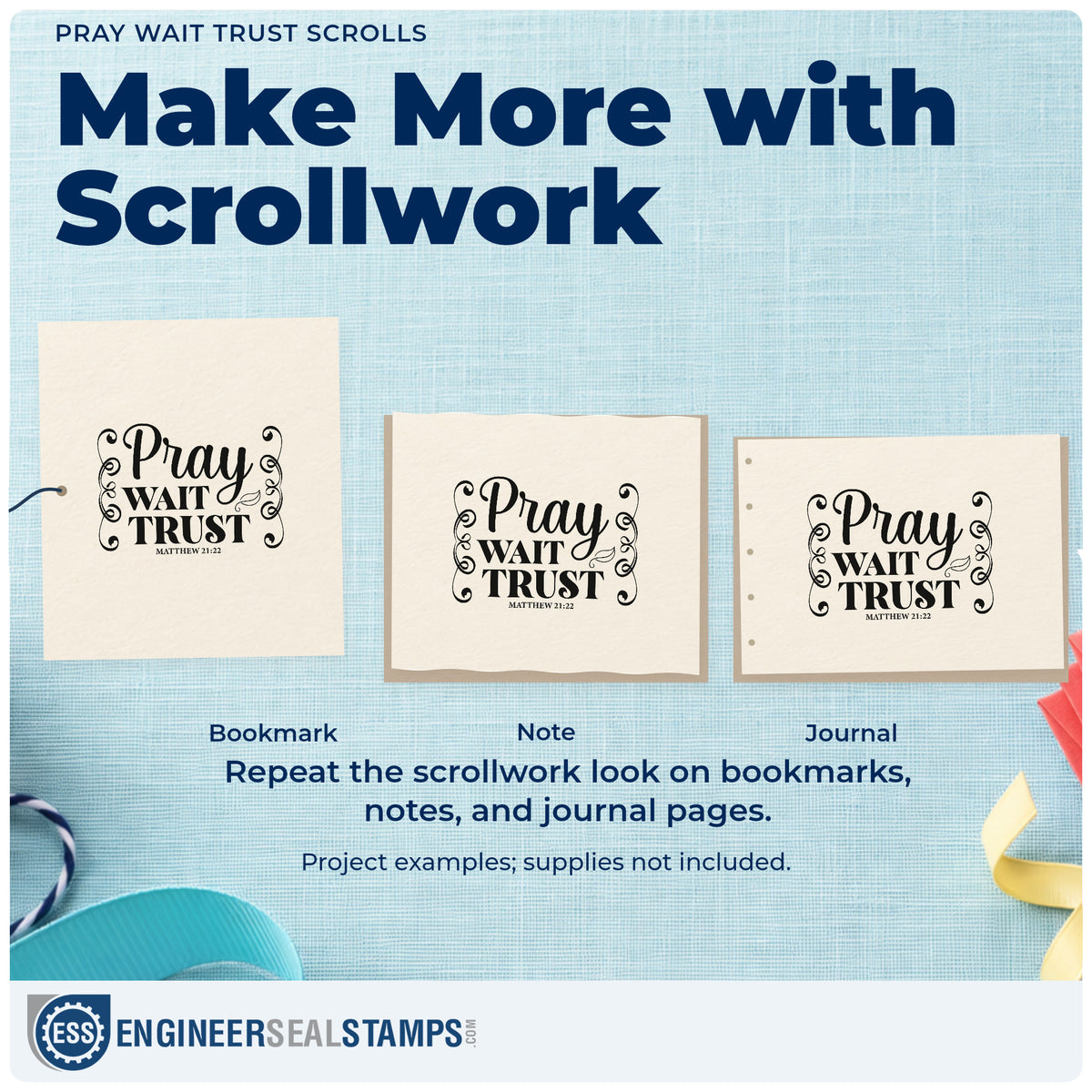 Three project examples made with the Pray Wait Trust Scrolls Stamp – Self-Inking, including answered pages.