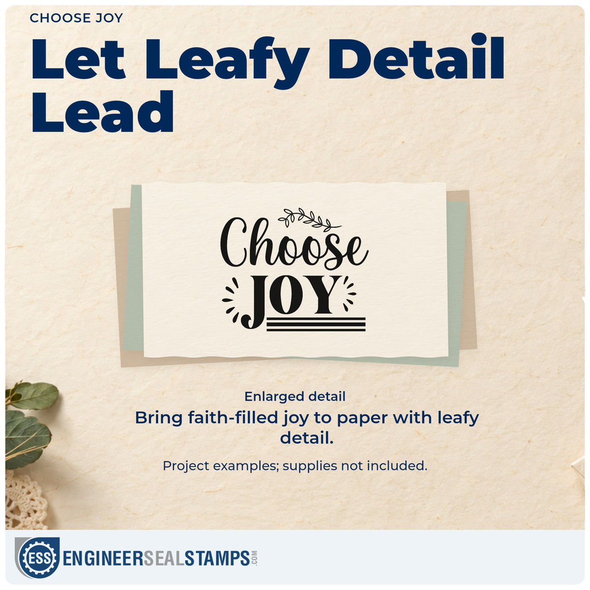 Enlarged detail of the Choose Joy Botanical Sprig Rubber Stamp – Duo Hand imprint. A leafy sprig tops "Choose joy," with radiating accents beside bold "Joy."