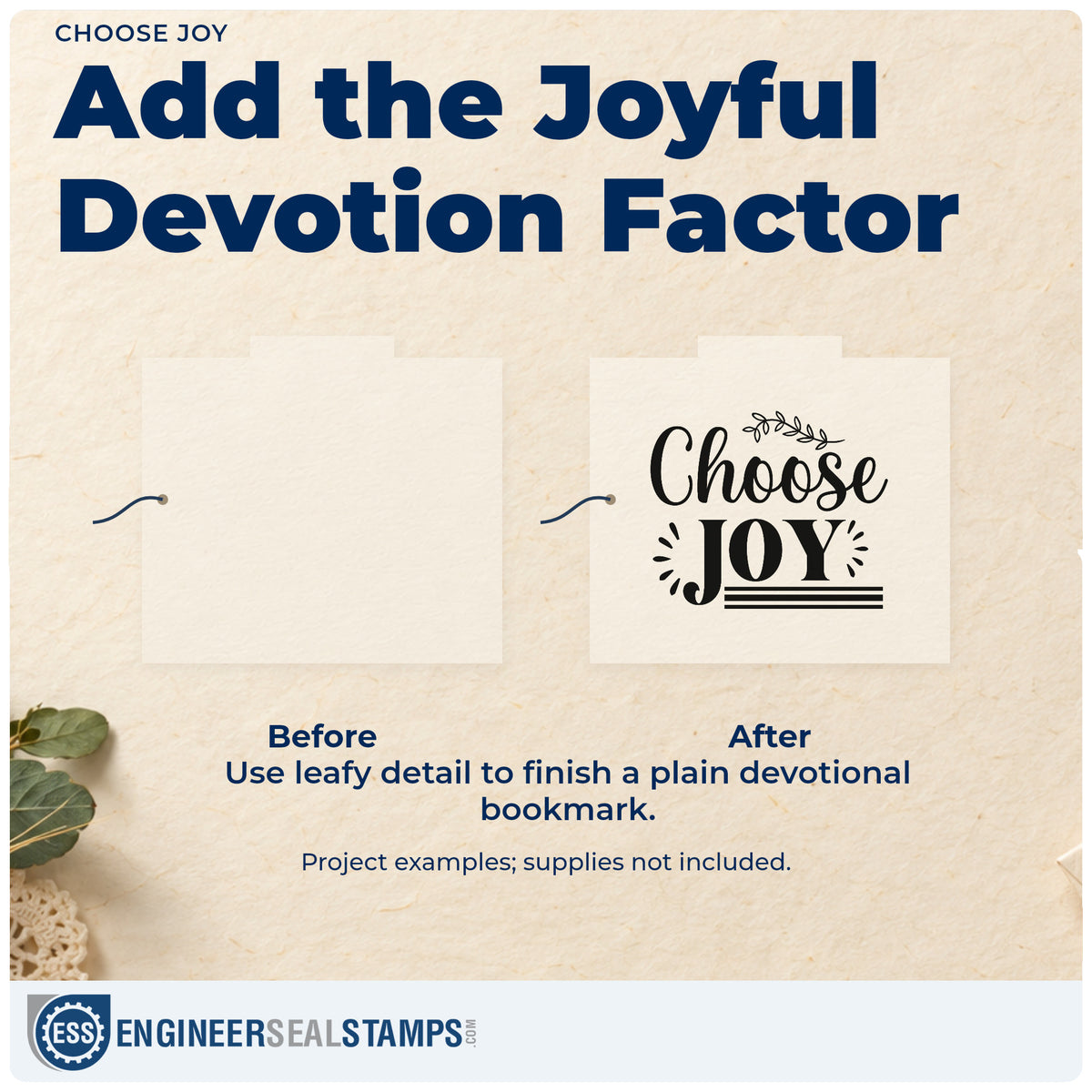 Before and after of a plain item finished with the Choose Joy Botanical Sprig Slim Pre-Inked Stamp, a quick upgrade for lemonade stand signs.