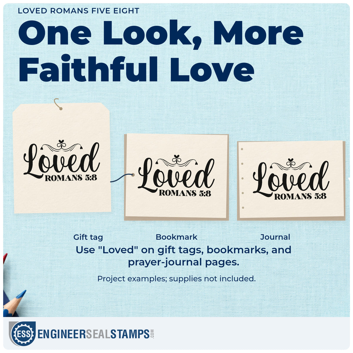 Three project examples made with the Loved Romans Five Eight Hand Stamp – Duo, including family pages.