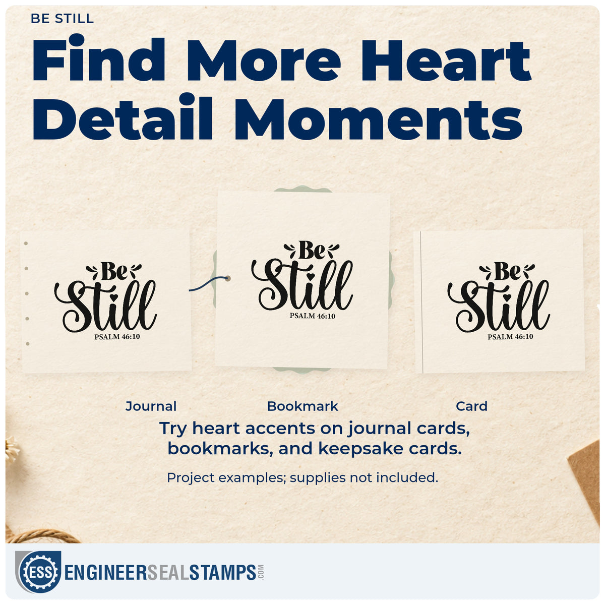 Three project examples made with the PSI Pre-Inked Be Still Stamp, including quiet pages.